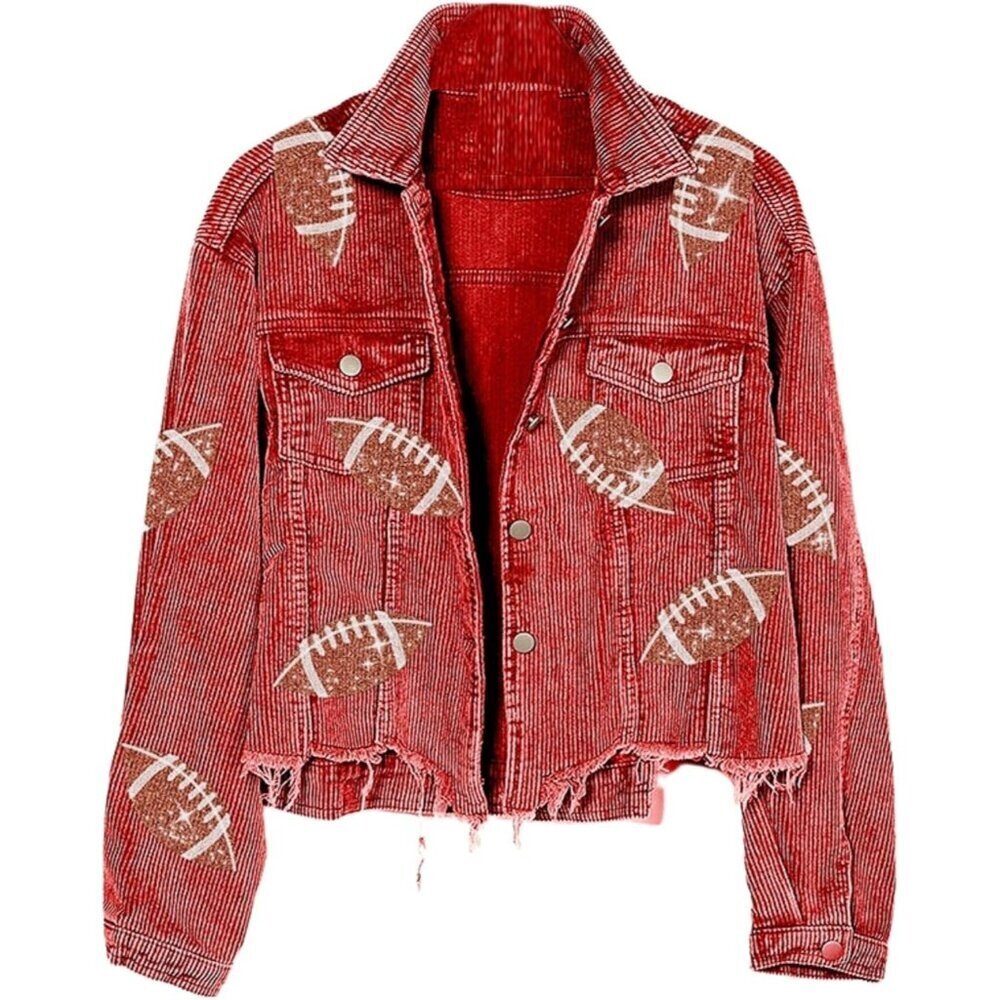Women’s Corduroy Sequin Cropped Shacket Rugby Patch Gameday Jacket